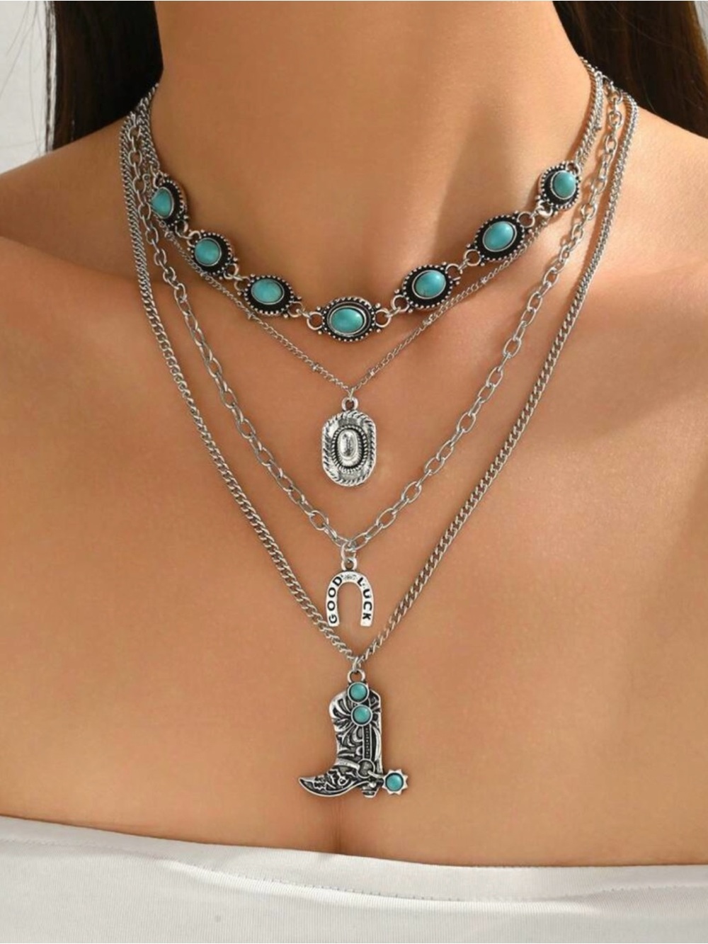 Boho country western turquoise 4 piece layered necklace set, new!